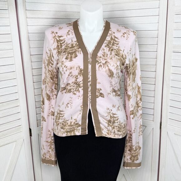 Shae Anthropologie Floral Ribbon Trim Cardigan Sweater Pink Tan Large - Picture 1 of 11